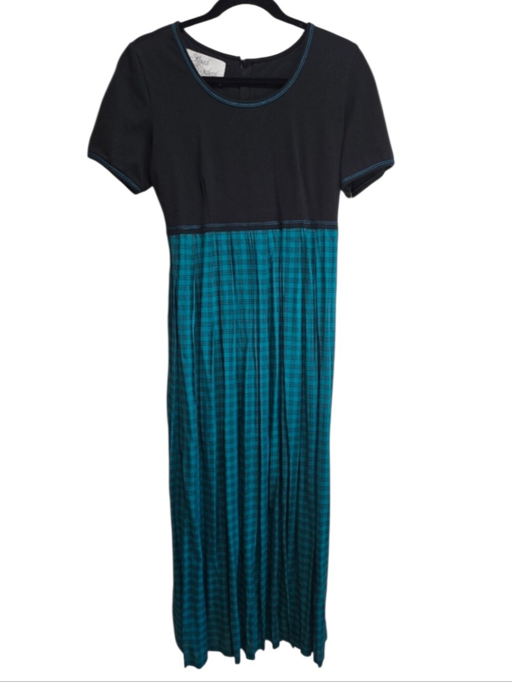 NWT! Vtg Sarah Elizabeth Black & Teal Plaid Maxi Dress Size 8 New Deadstock